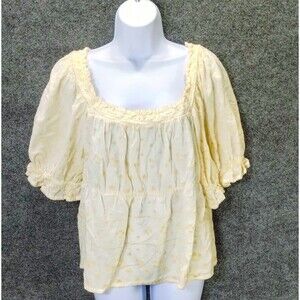 Old Navy Top Women's XL Cream Smocked Embroidered Poof Sleeve Coquette Twee Boho